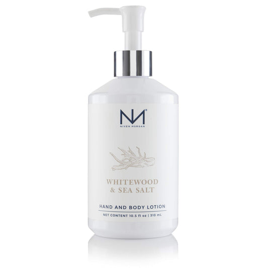 Niven Morgan Whitewood and Sea Salt lotion bottle delivering lightweight hydration for daily use.