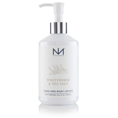 Niven Morgan Whitewood and Sea Salt lotion bottle delivering lightweight hydration for daily use.