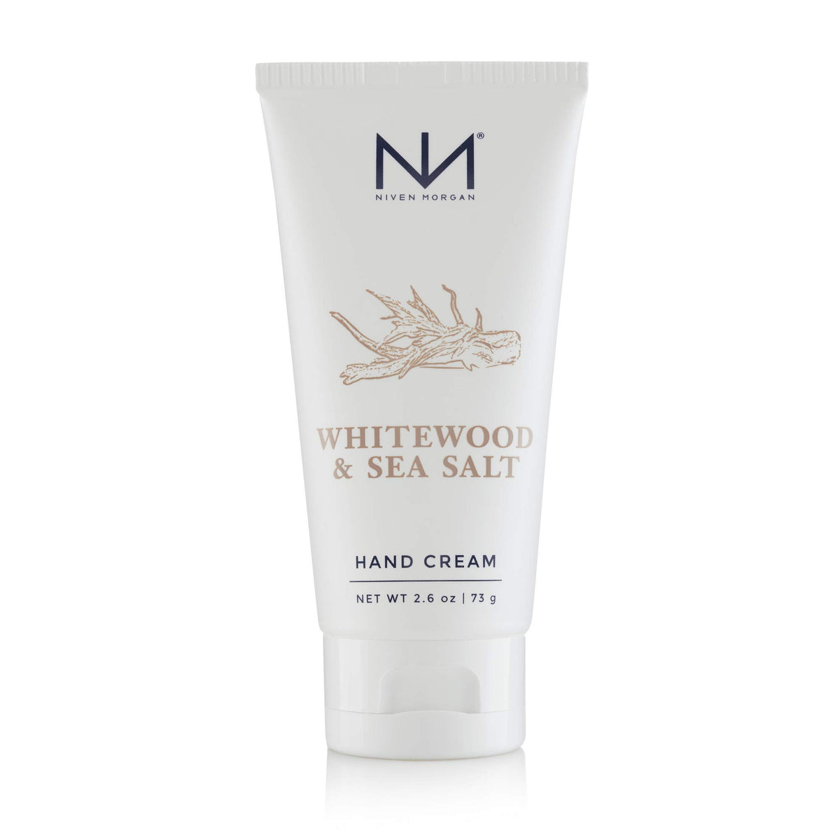Niven Morgan Whitewood & Sea Salt travel hand cream tube front view for on-the-go hydration