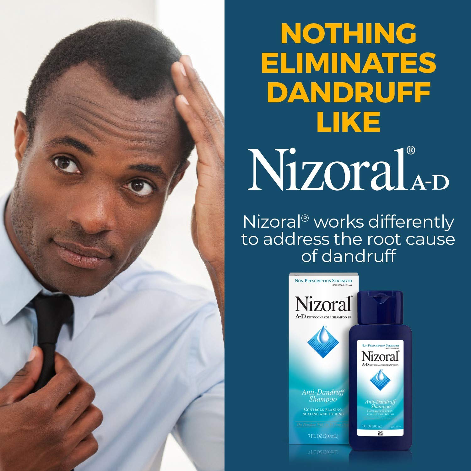 Blue Nizoral A-D bottle on shower shelf with white tiles, ready for daily use