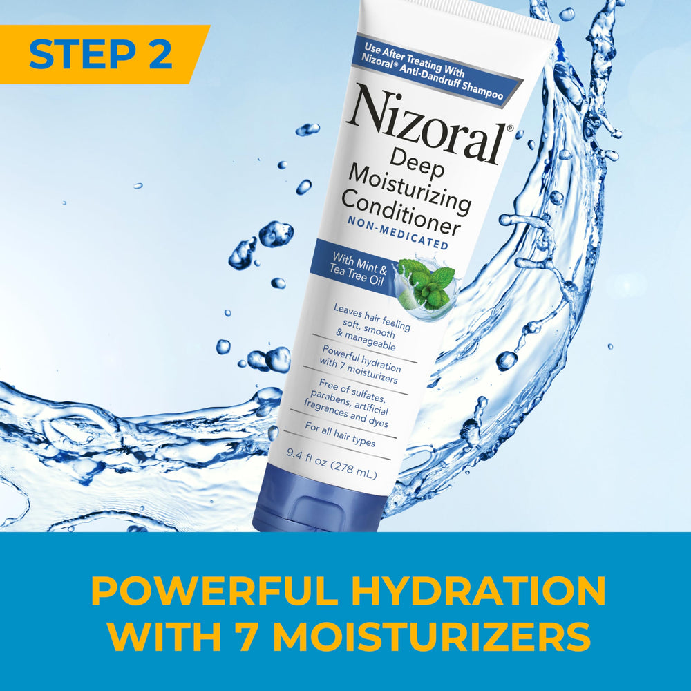 Nizoral color-treated hair-safe conditioner close-up on bottle.