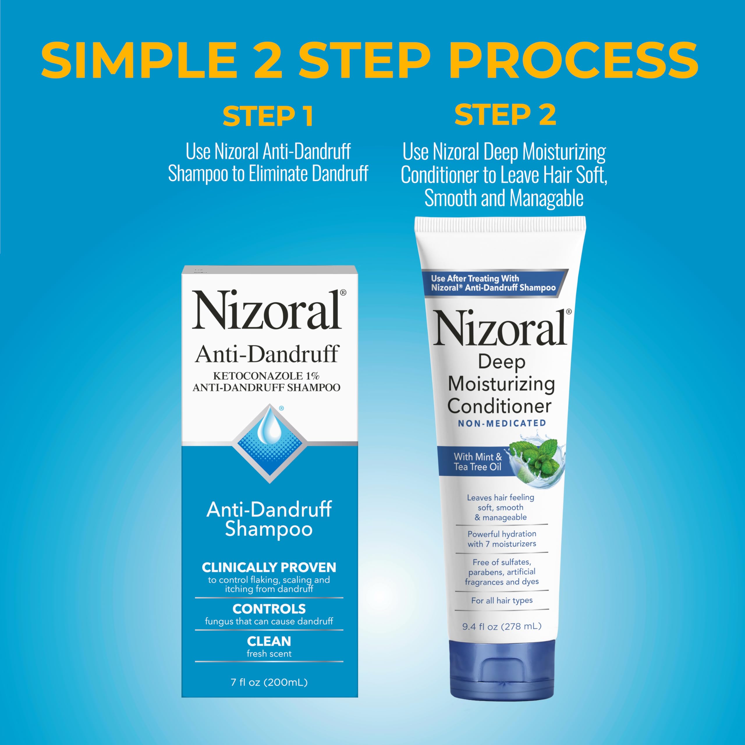 Nizoral shampoo pour into hand illustrating easy, controlled application.