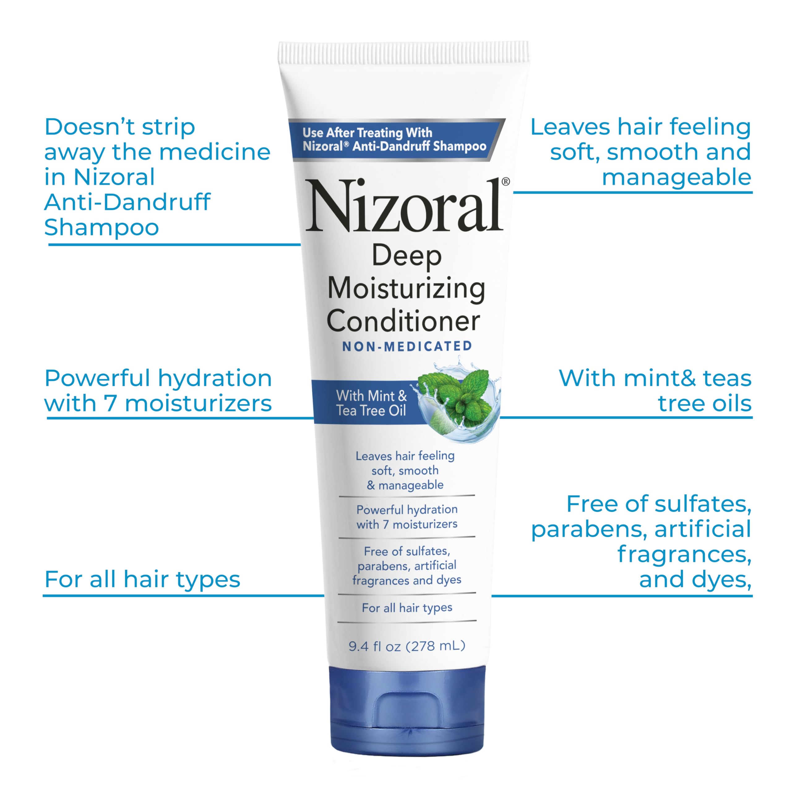 Nizoral mint and tea tree scent visible on label.