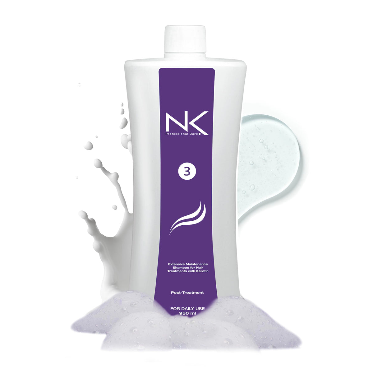 NK Professional Care Step 3 shampoo bottle close-up showing keratin maintenance for smooth hair