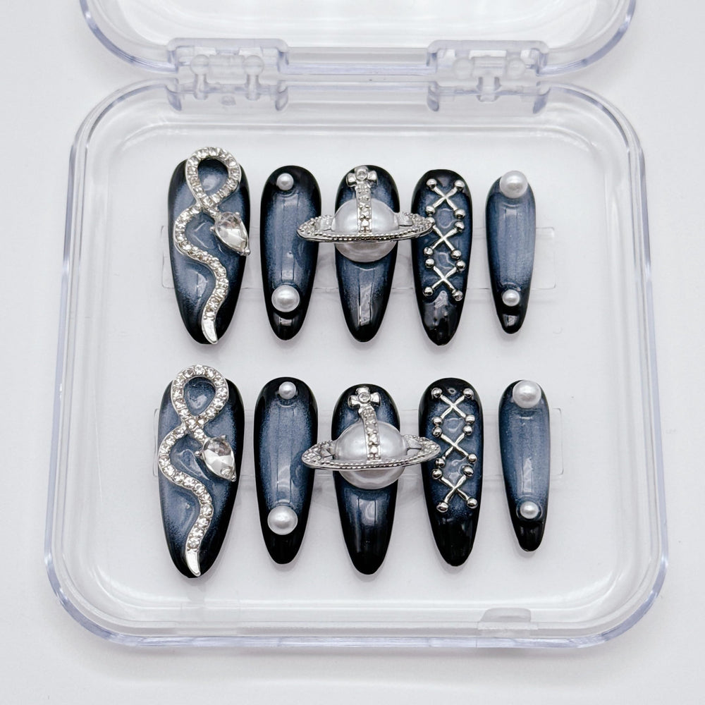 NLSJMP 10-piece Size L long stiletto nails in almond ombre for stylish wear.