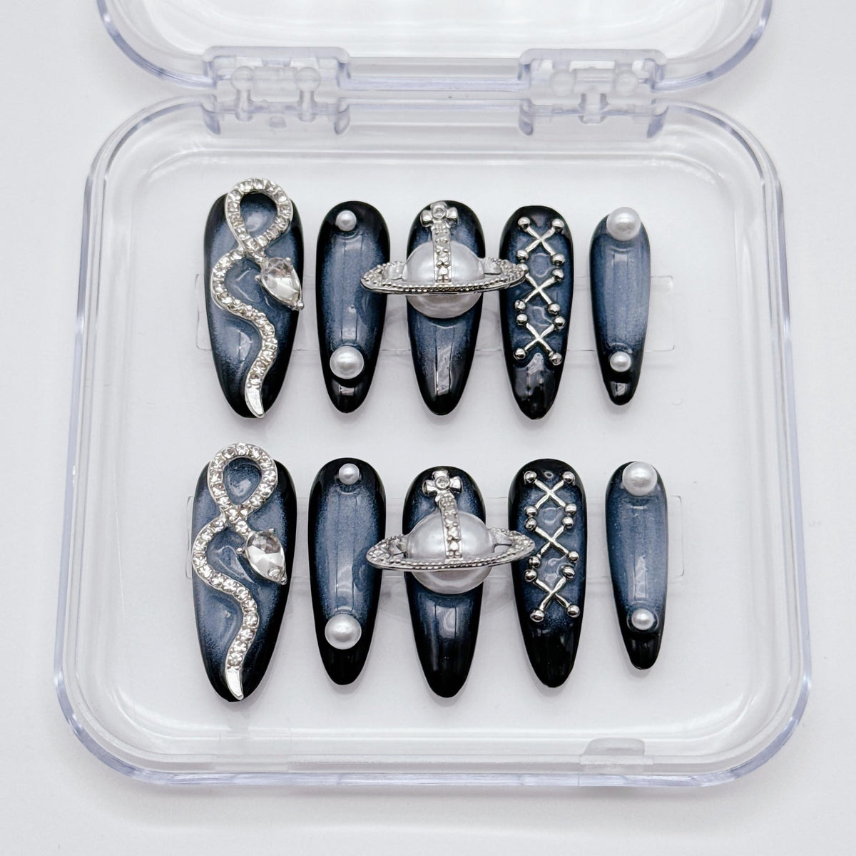 NLSJMP 10-piece Size L long stiletto nails in almond ombre for stylish wear.