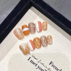 NLSJMP 3D gel nails caramel blend in a short square shape for everyday elegance