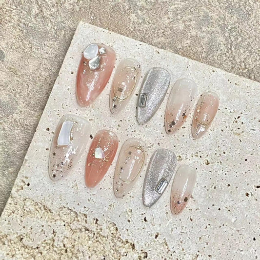 NLSJMP handmade press-on nails with orange glitter design for secure daily wear