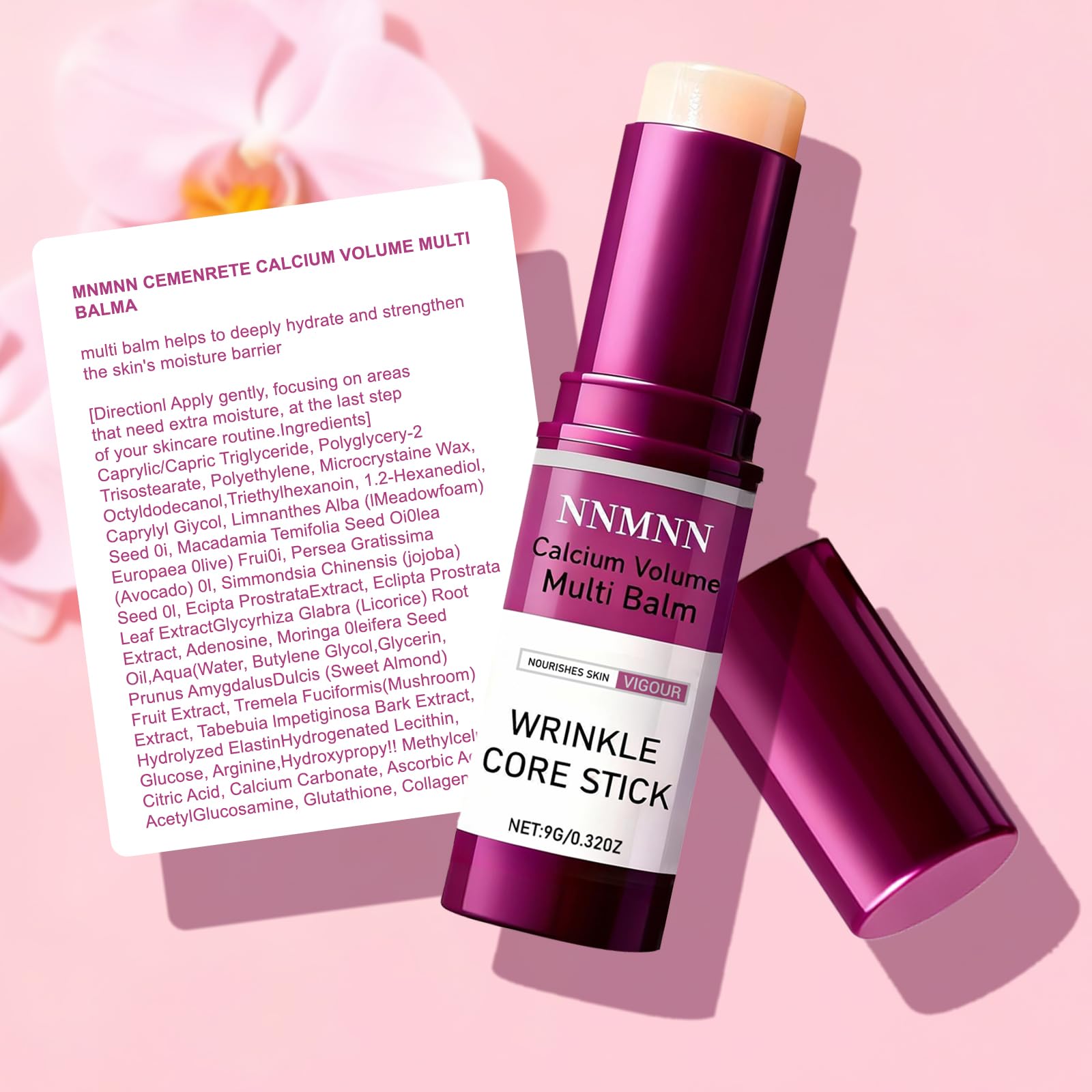 nnmnn Calcium Volume Multi Balm Stick texture close-up showing a silky finish.