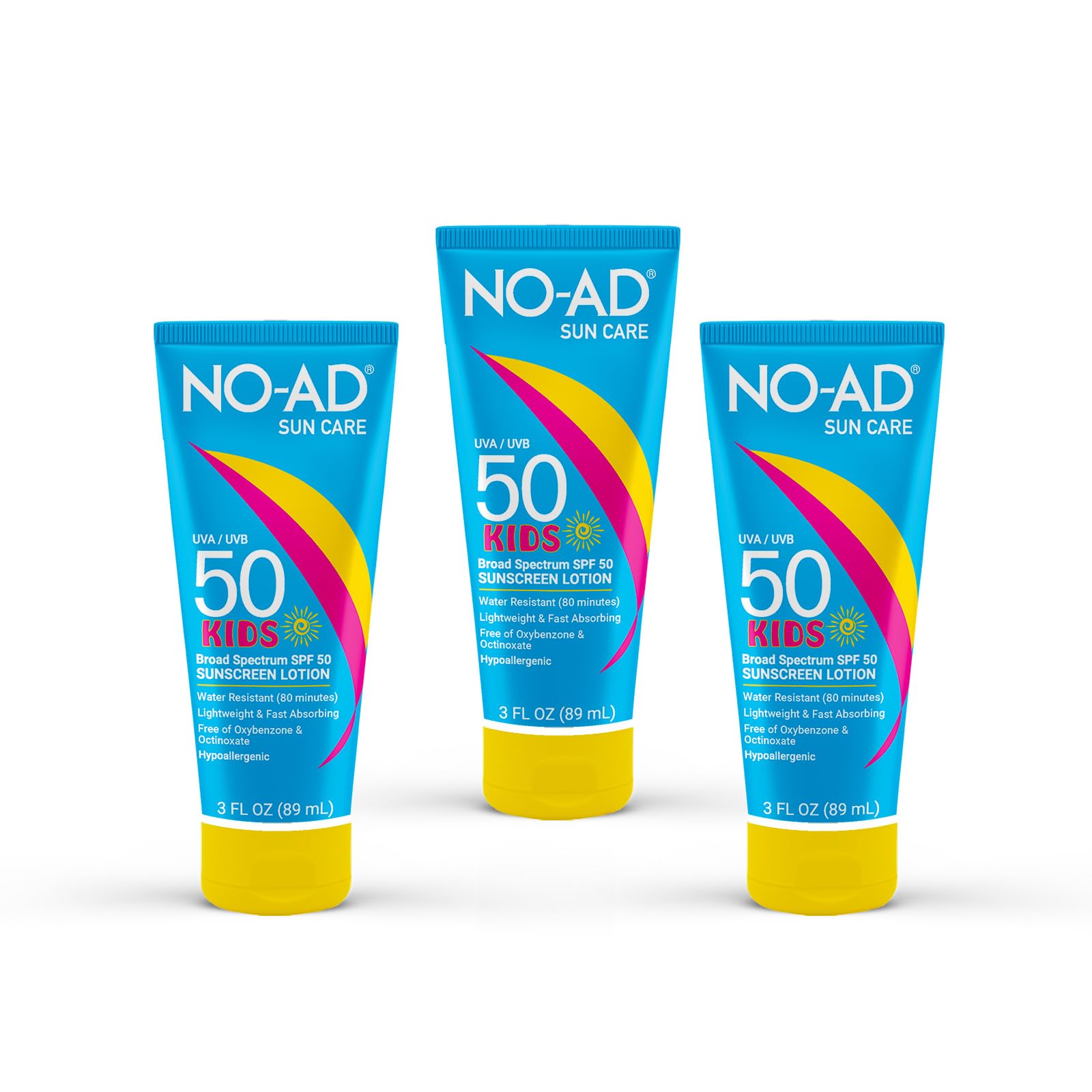 NO-AD Kids SPF 50 sunscreen lotion bottle showing travel-friendly packaging for park days.