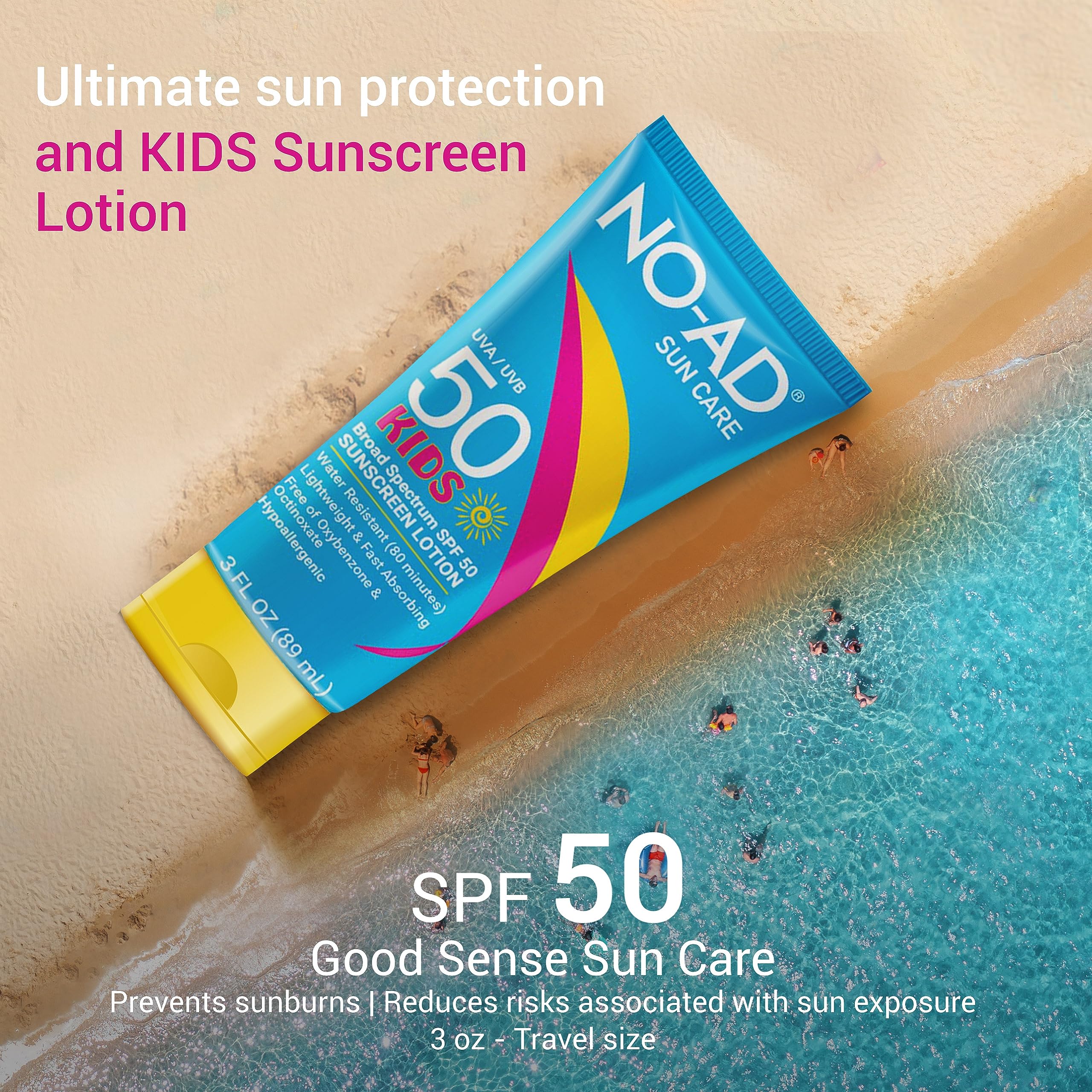 NO-AD Kids SPF50 lotion texture highlights lightweight, non-greasy feel during active play.