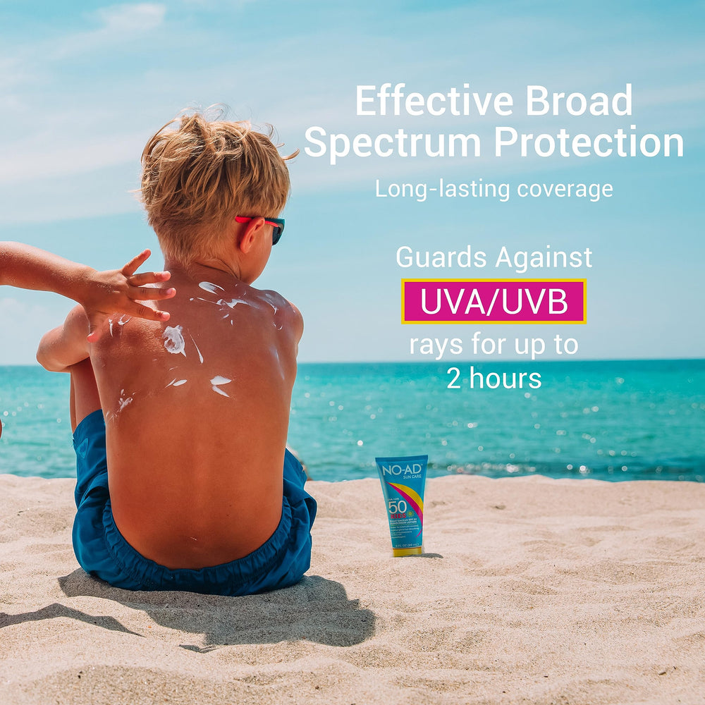 NO-AD Kids SPF50 bottle, water-resistant for swimming and splash-rich days.