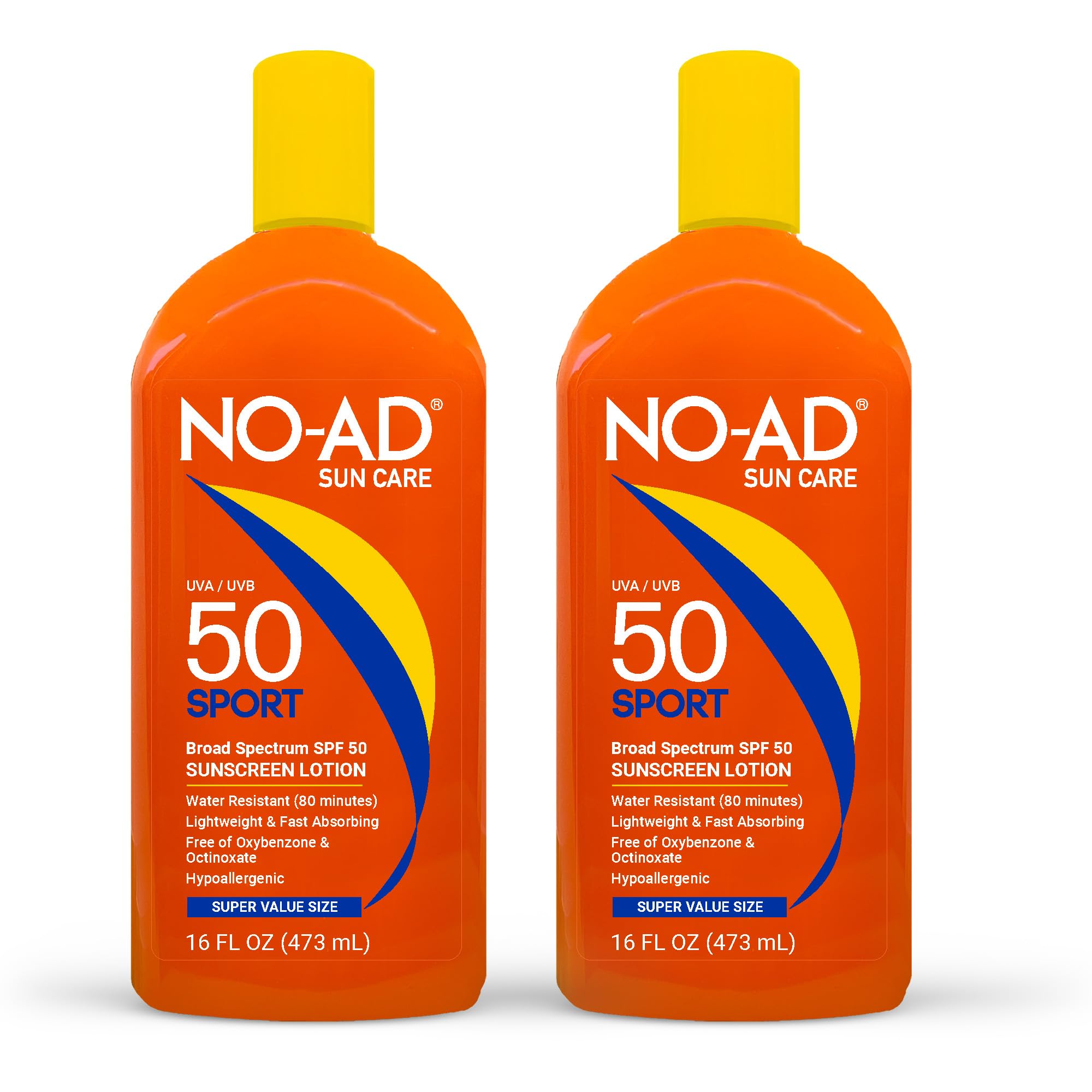 NO-AD SPF 50 Sport sunscreen bottle, 16oz, ideal for family sun protection.