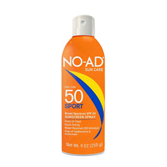 NO-AD Sport SPF 50 spray bottle showing fast-absorbing, non-greasy coverage for active days.