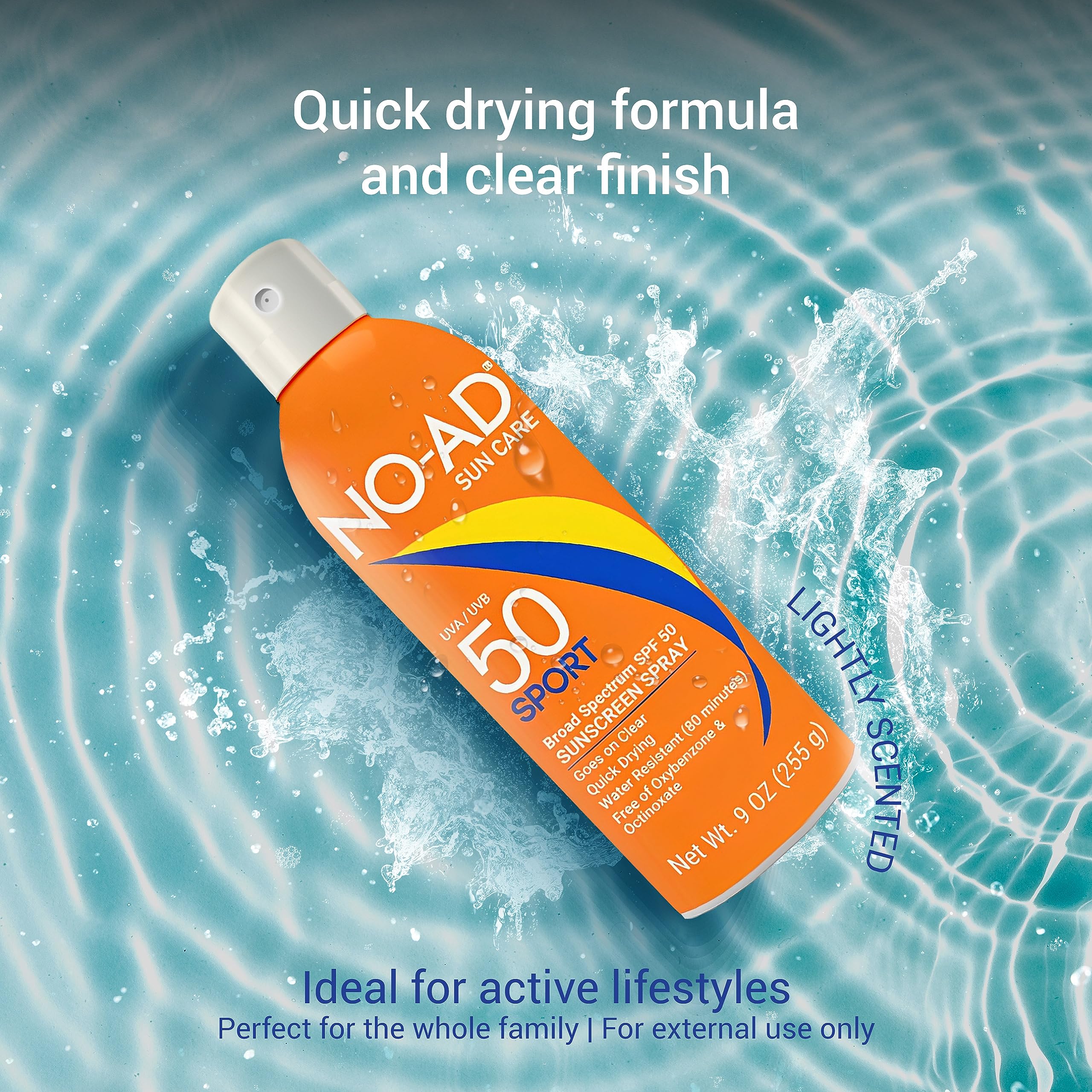 NO-AD Sport SPF 50 sunscreen spray being applied to skin for protection.