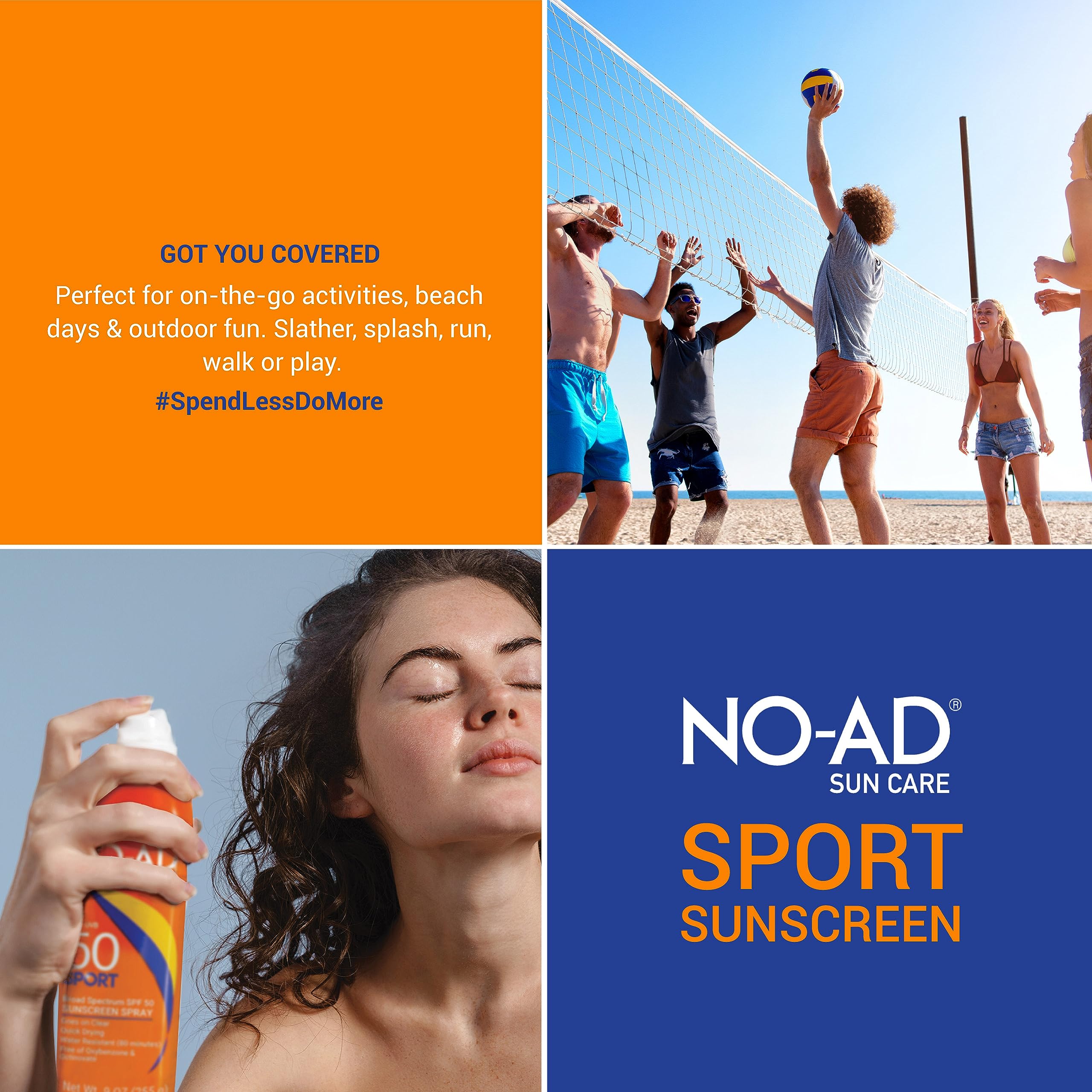NO-AD Sport SPF 50 spray non-greasy finish on skin for comfortable wear.