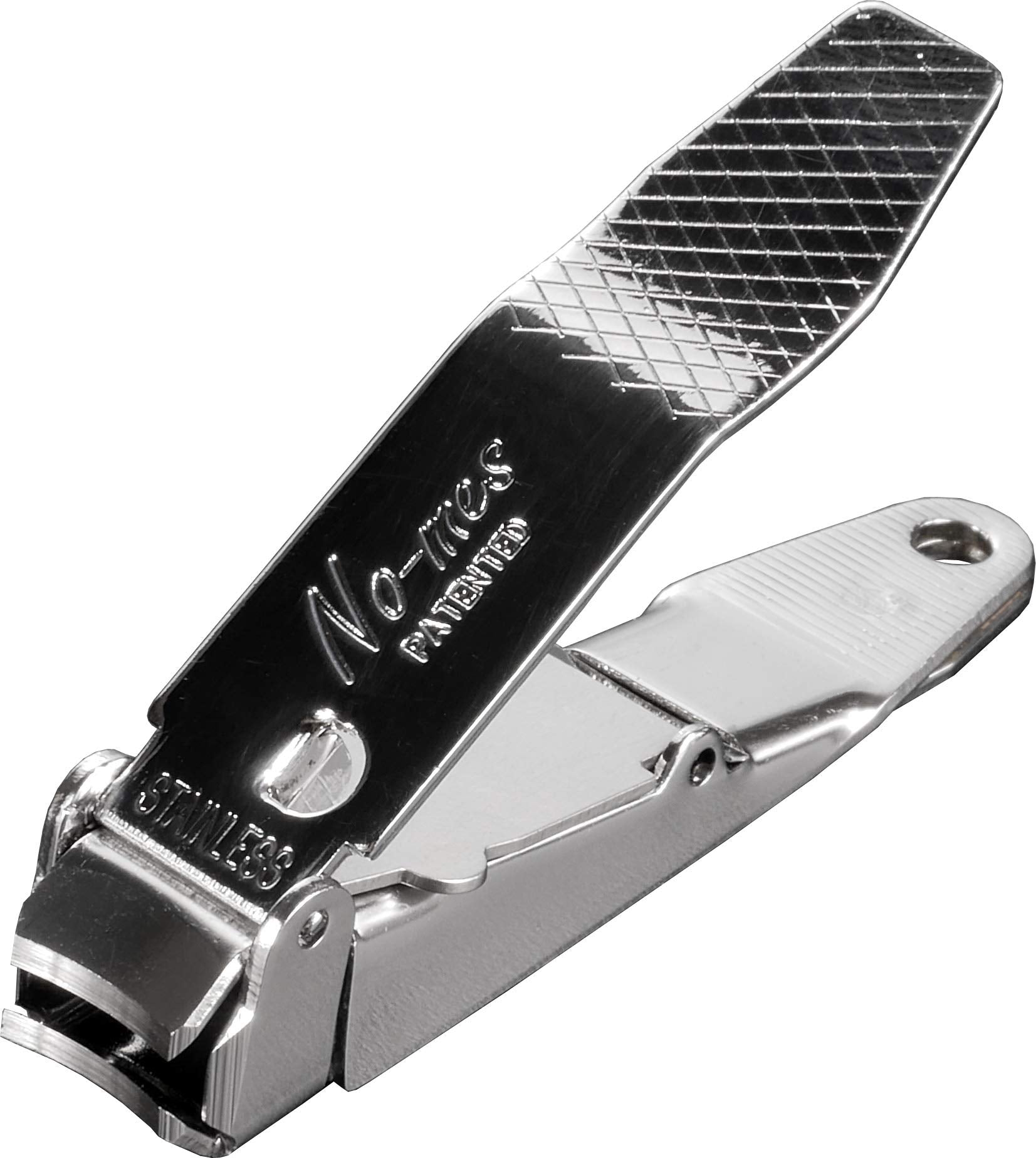 No-mes fingernail clipper showing catch compartment for mess-free clipping