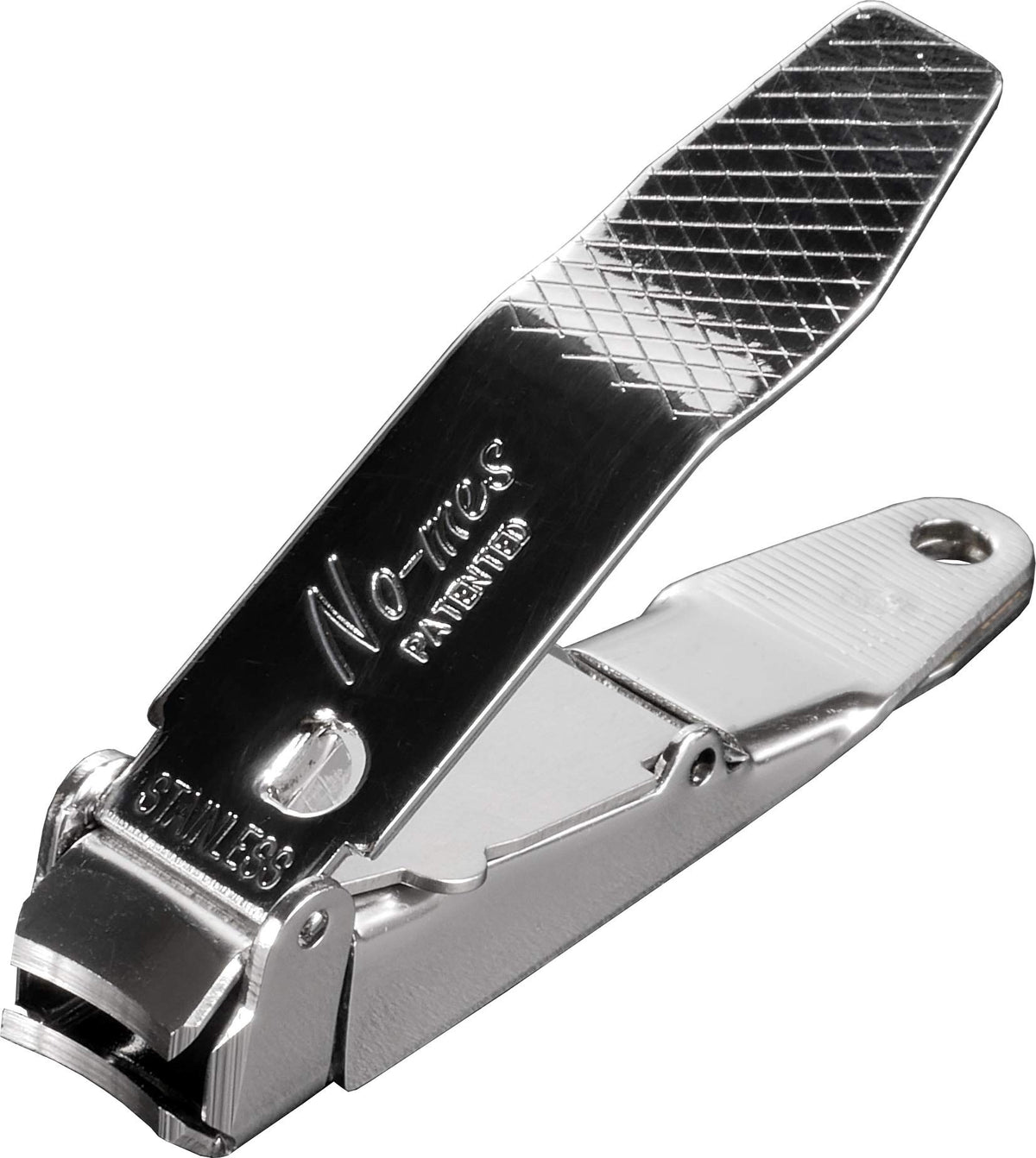 No-mes fingernail clipper showing catch compartment for mess-free clipping