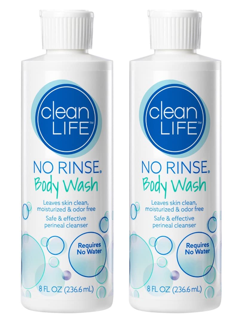 No-Rinse Body Wash 8oz bottle front shows moisturizing, rinse-free cleansing.