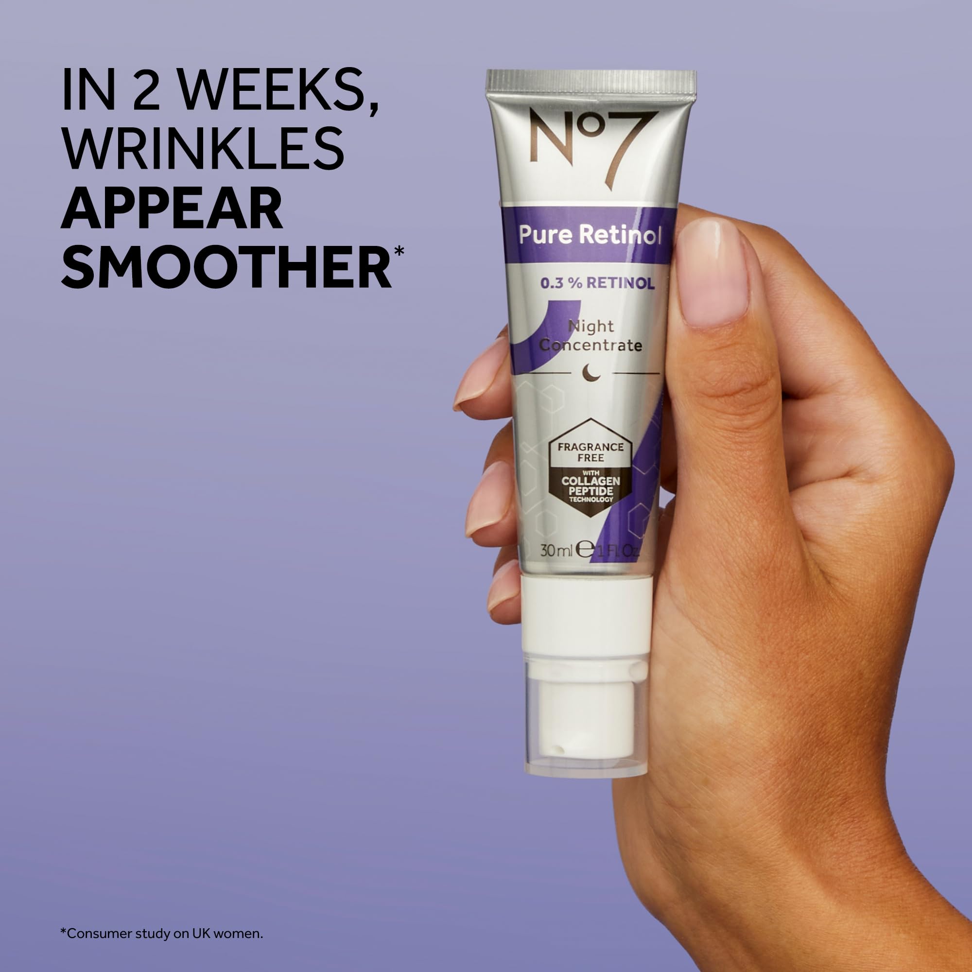 Applying No7 Advanced Retinol Night Concentrate to skin for smoother texture.