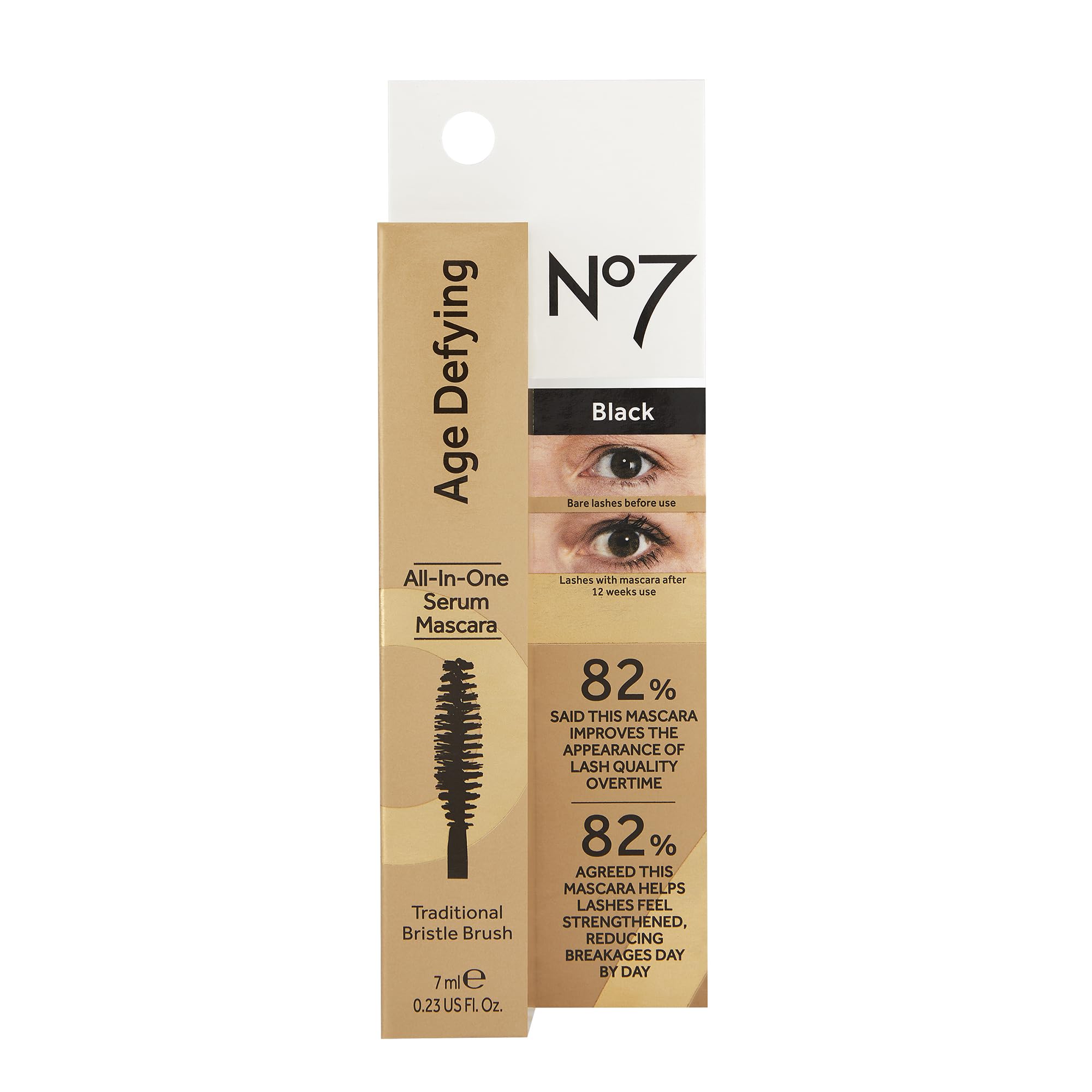 No7 Age Defying Eye Mascara tube open showcasing brush and formula texture