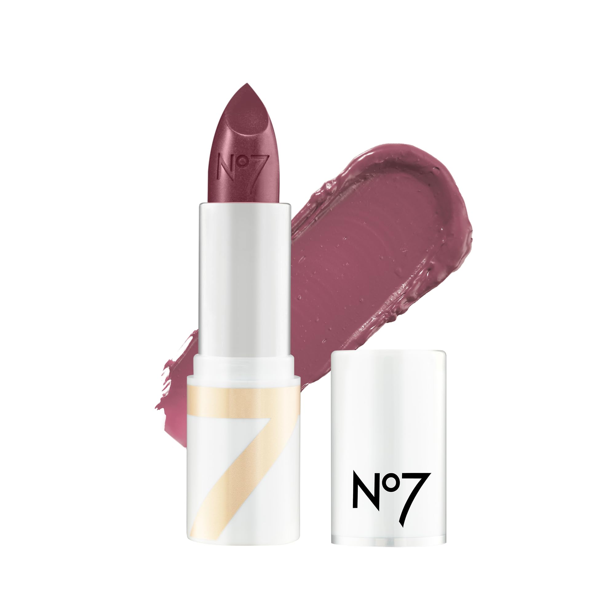 No7 Age Defying Lipstick Berry Shine swatch with satin finish and bold color payoff.