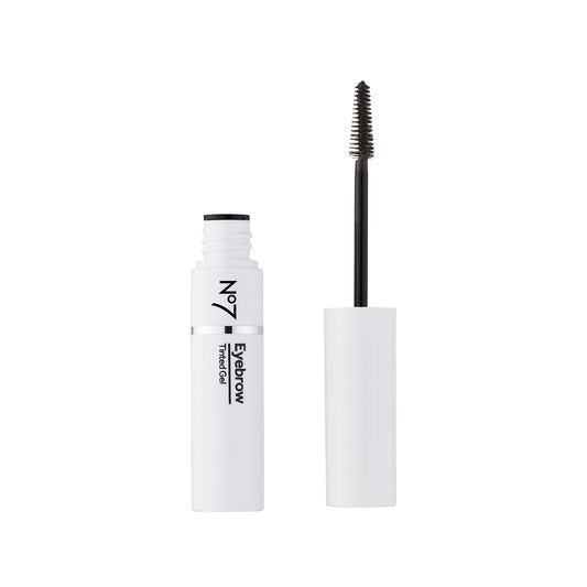 Curved wand close-up delivering precise brow shaping with No7 gel.