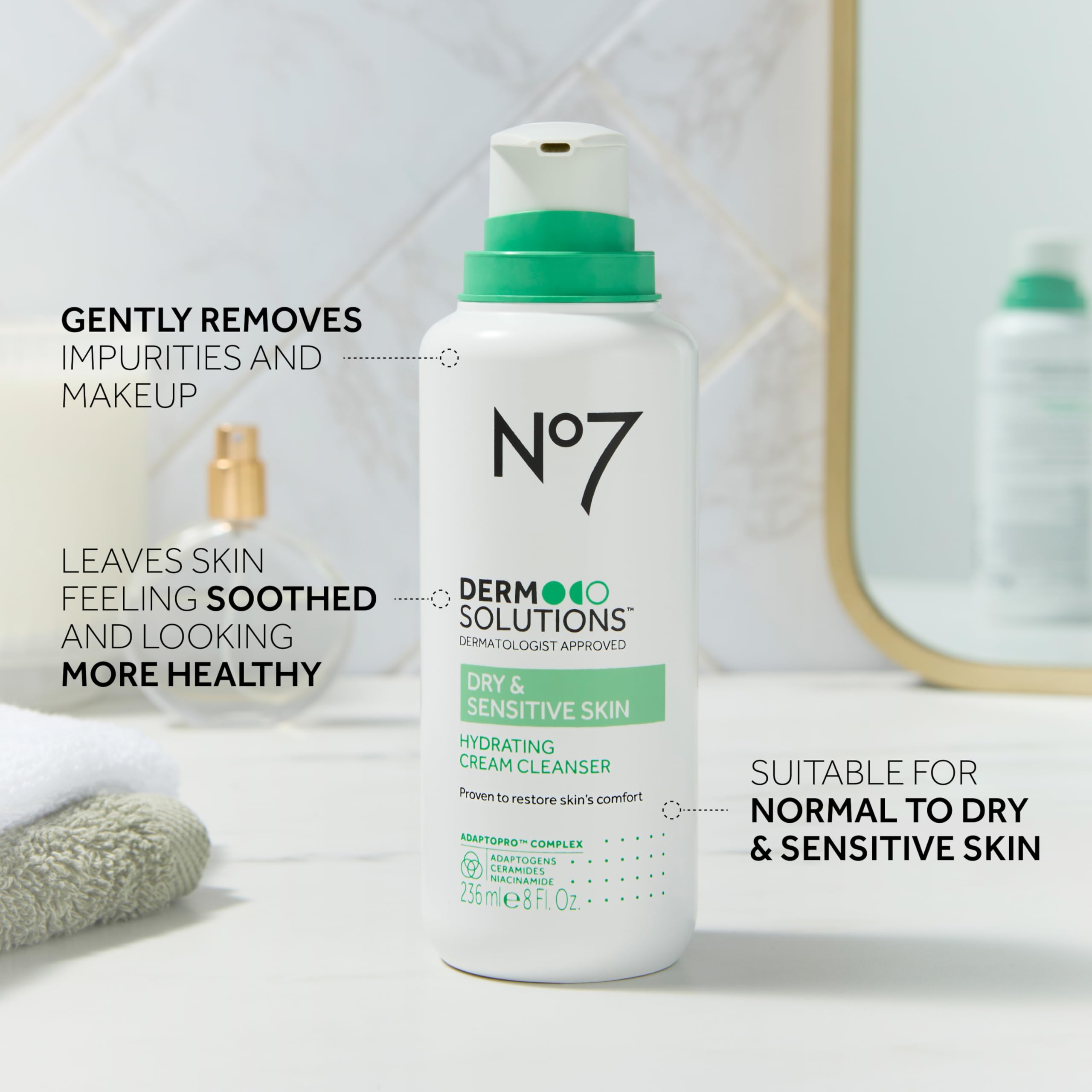 No7 Derm Solutions Hydrating Cleanser ceramides and niacinamide visual emphasizes barrier-supporting ingredients
