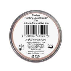 No7 Flawless Finish loose powder matte finish with airy texture.