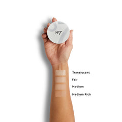 No7 Flawless Finish loose powder skin-tone-range blends across tones for versatility.