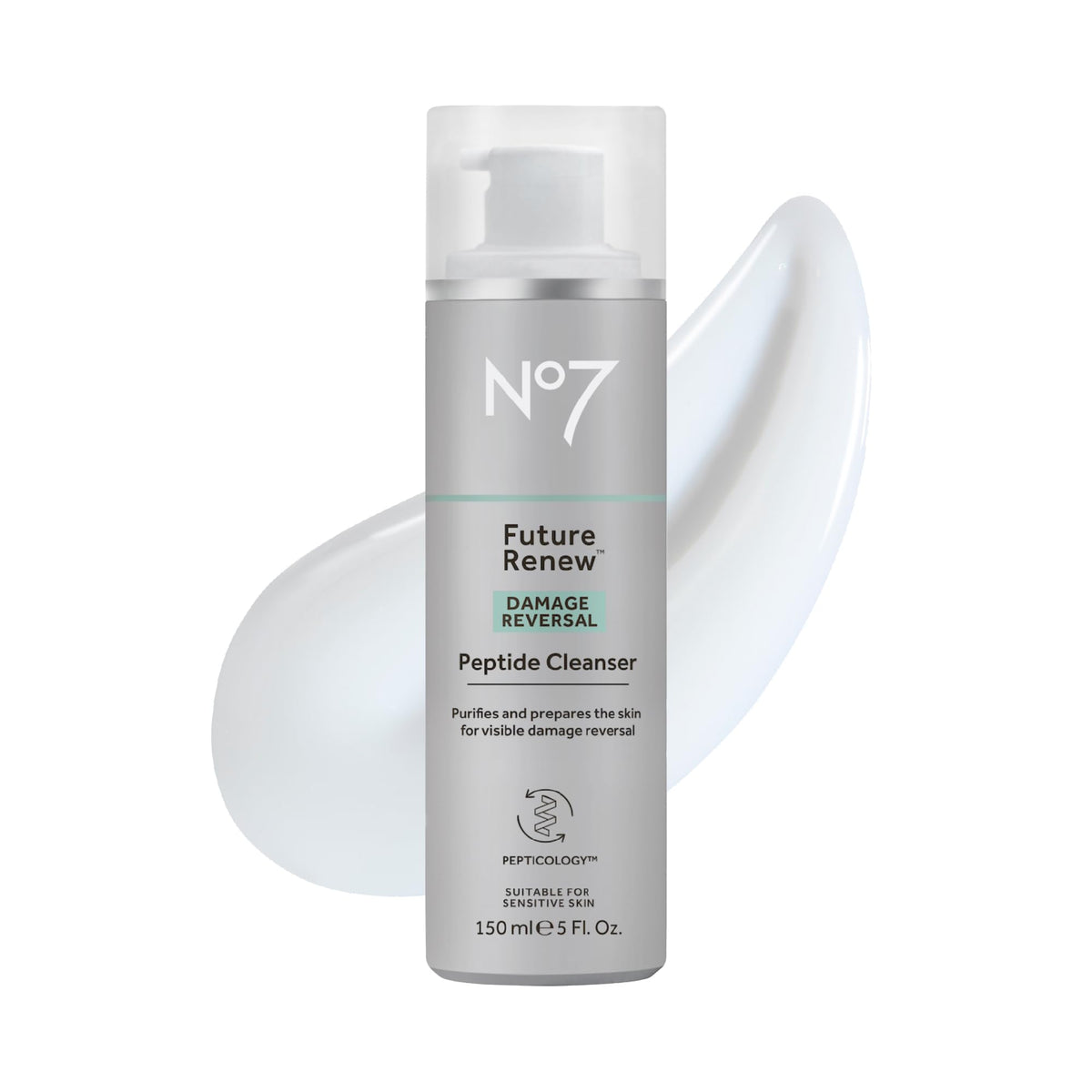 No7 Future Renew Cleanser bottle front shows hydrating peptide formula for daily cleansing.