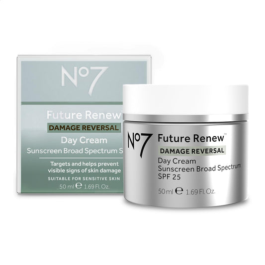 No7 Future Renew SPF 25 face cream bottle closeup showing protective packaging