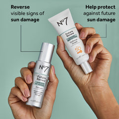 No7 Future Renew Defense Shield sunscreen application for daily protection routine.