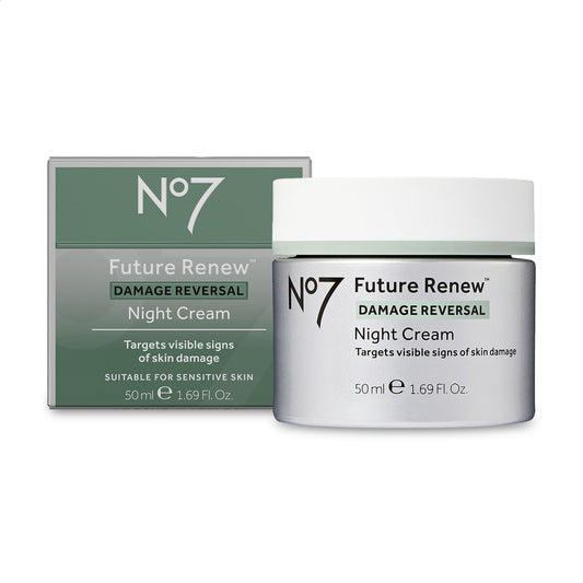 No7 Future Renew night cream bottle closeup showing peptide blend for overnight nourishment