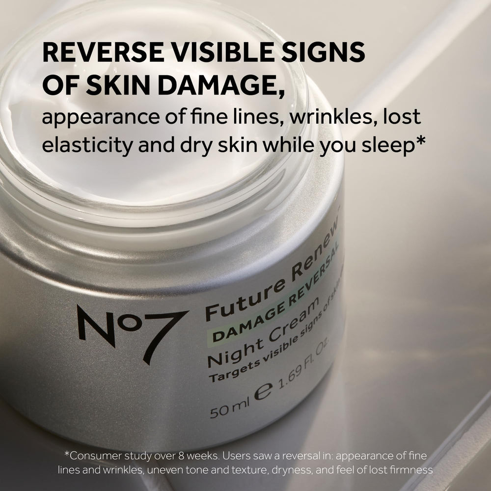 No7 Future Renew night cream texture swirl highlighting rich hydration and repair