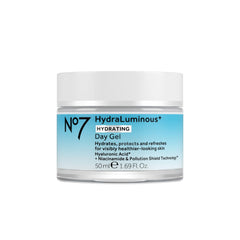 No7 HydraLuminous+ bottle closeup showing lightweight hydration for radiant skin