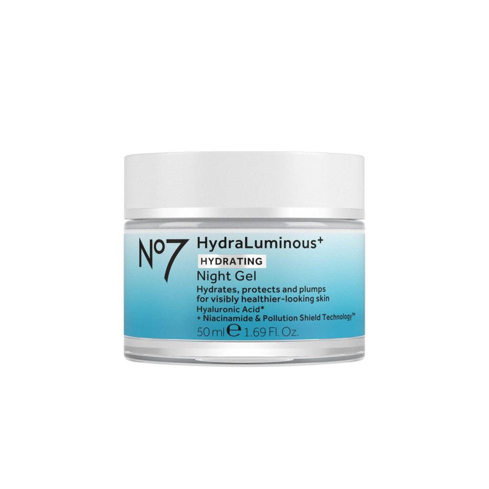 No7 HydraLuminous+ night gel jar delivering overnight hydration.