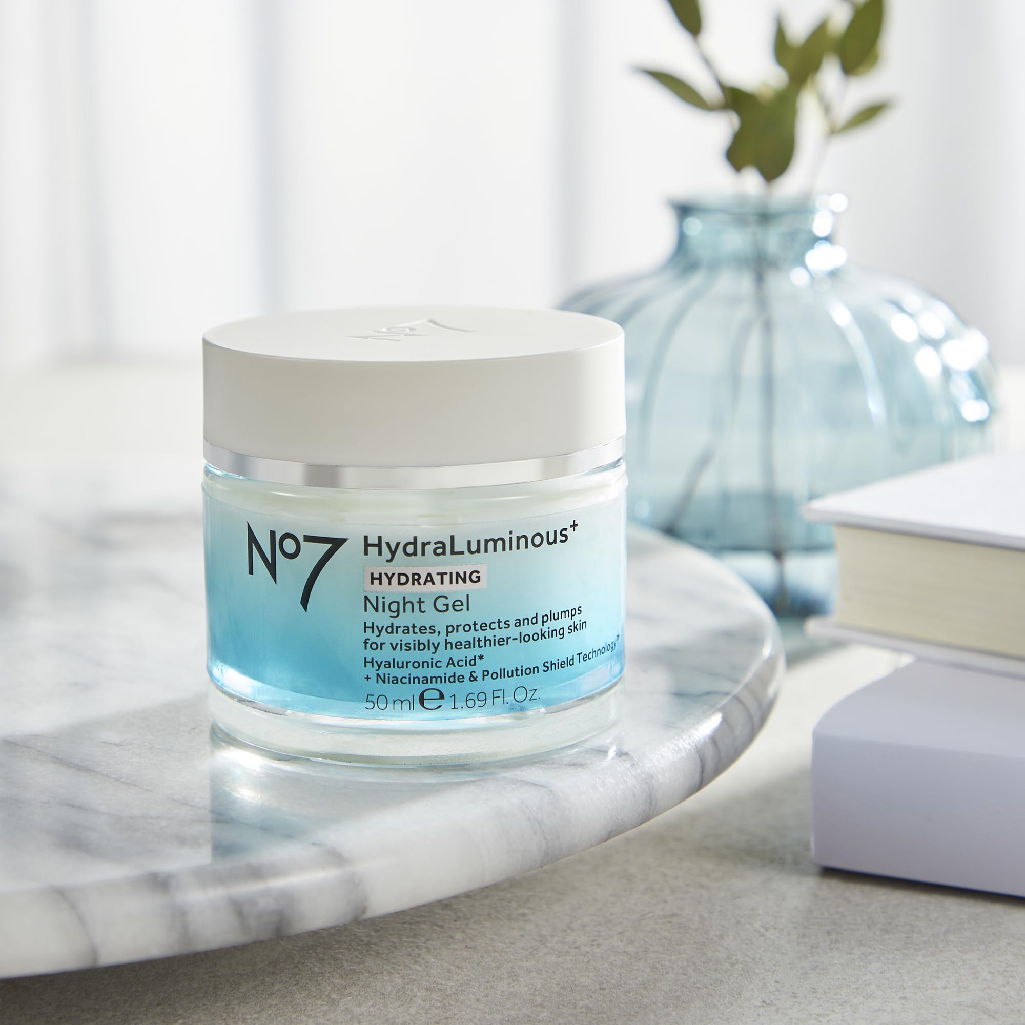 No7 HydraLuminous+ Pollution Shield defends against pollutants.