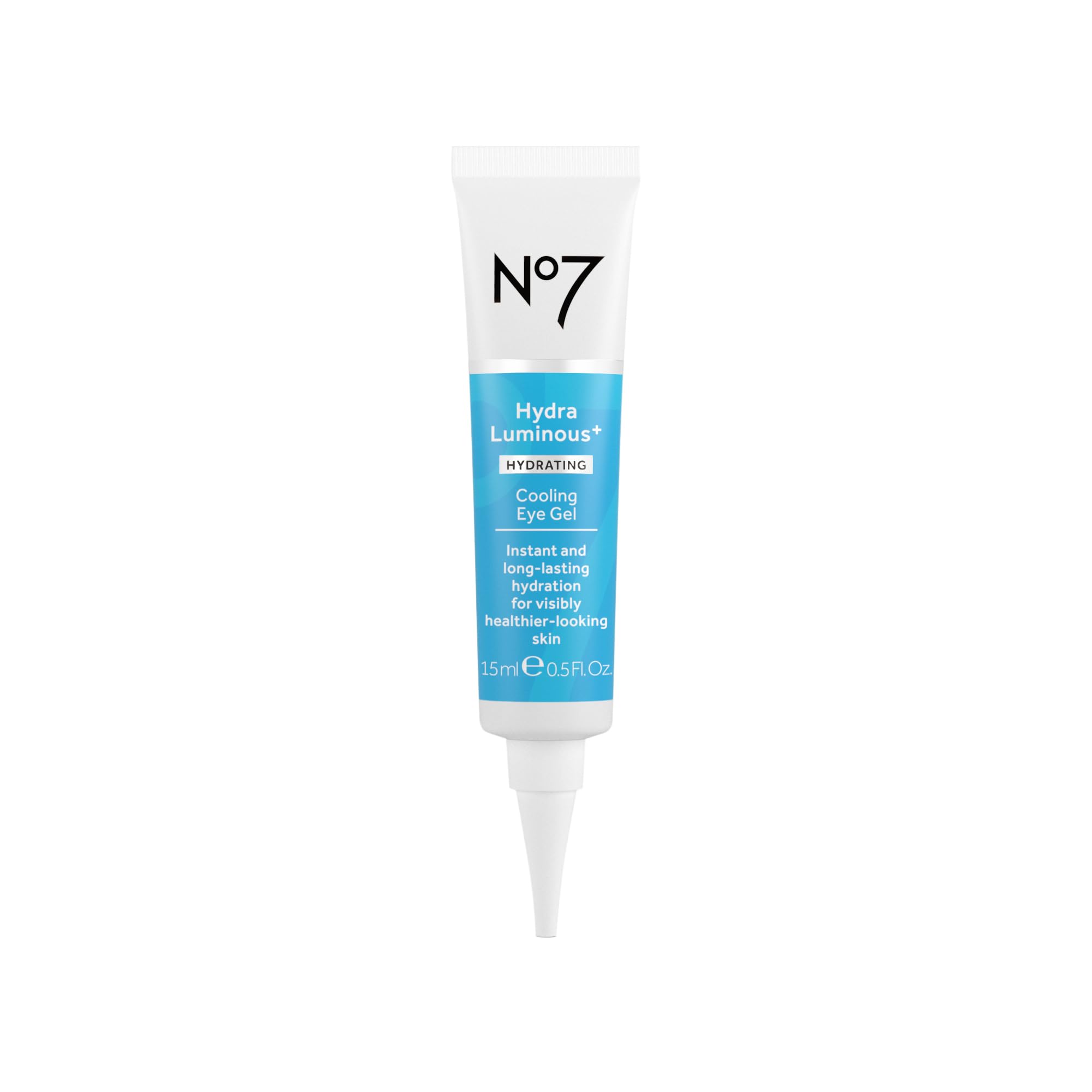 No7 HydraLuminous+ eye gel bottle ready to hydrate the under-eye area.