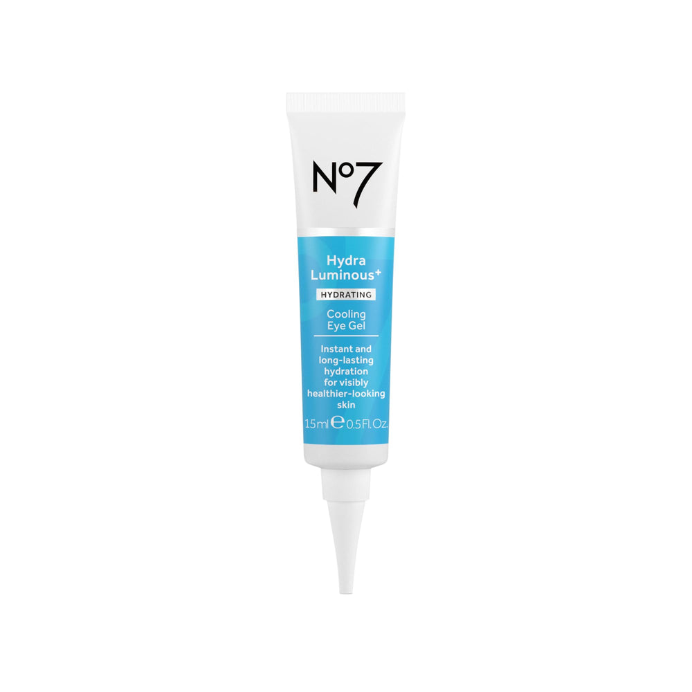 No7 HydraLuminous+ eye gel bottle ready to hydrate the under-eye area.