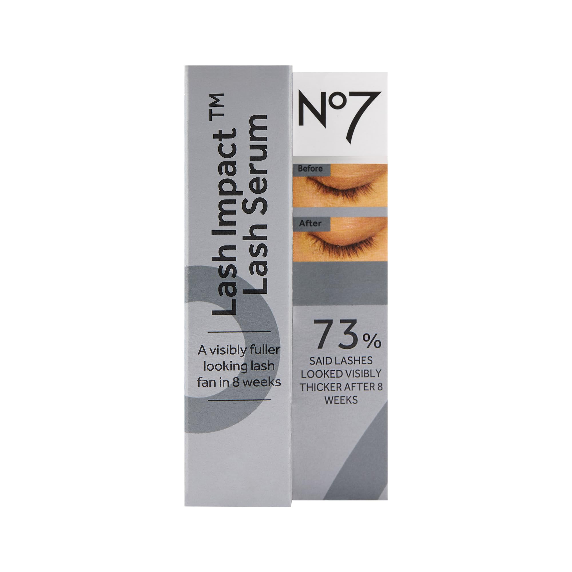 No7 Lash Impact Serum near eye area showing defined lashes and brows