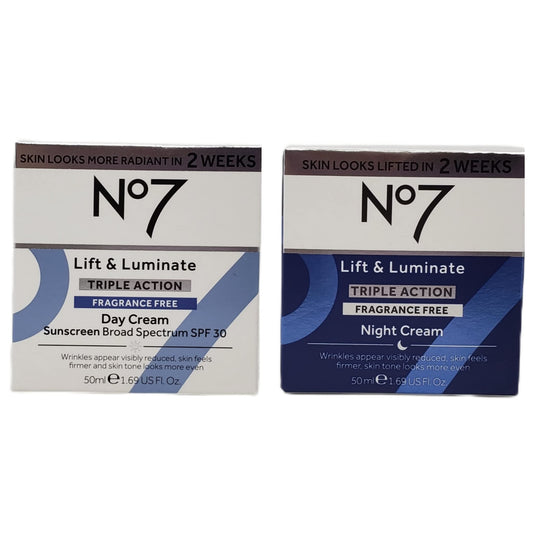 No.7 Lift & Luminate day cream jar close-up, fragrance-free protection with SPF 30.