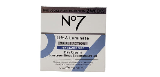 No.7 Lift & Luminate night cream jar close-up, targets wrinkles for overnight care.