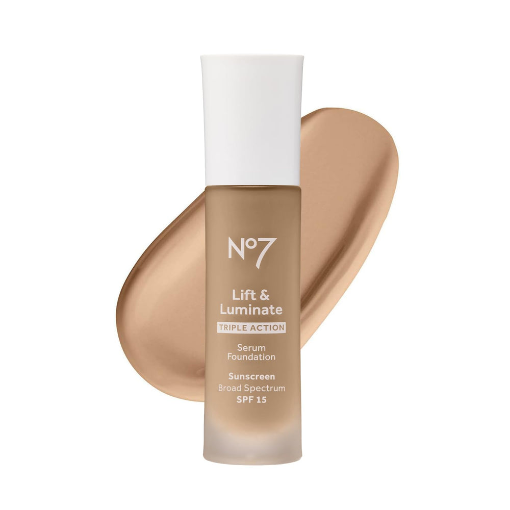 No7 Lift & Luminate bottle on vanity showing dewy base