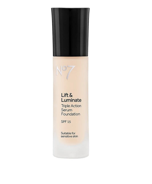 No7 Lift & Luminate Serum Foundation Calico bottle close-up for radiant skin finish.