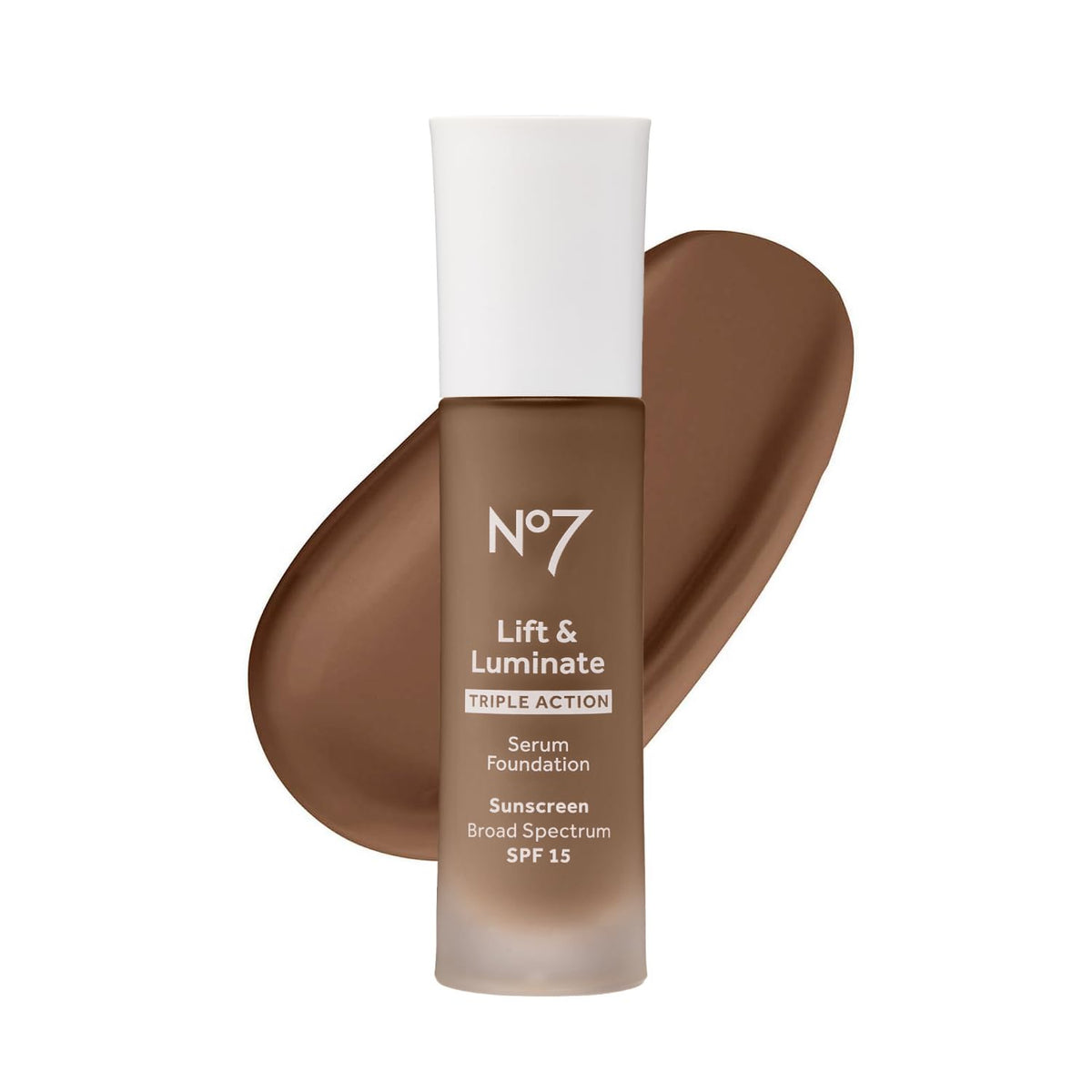 No7 Lift & Luminate foundation bottle with pump for smooth, even coverage.