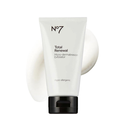 No7 Microdermabrasion Total Renewal jar close-up shows gentle exfoliation for radiant skin