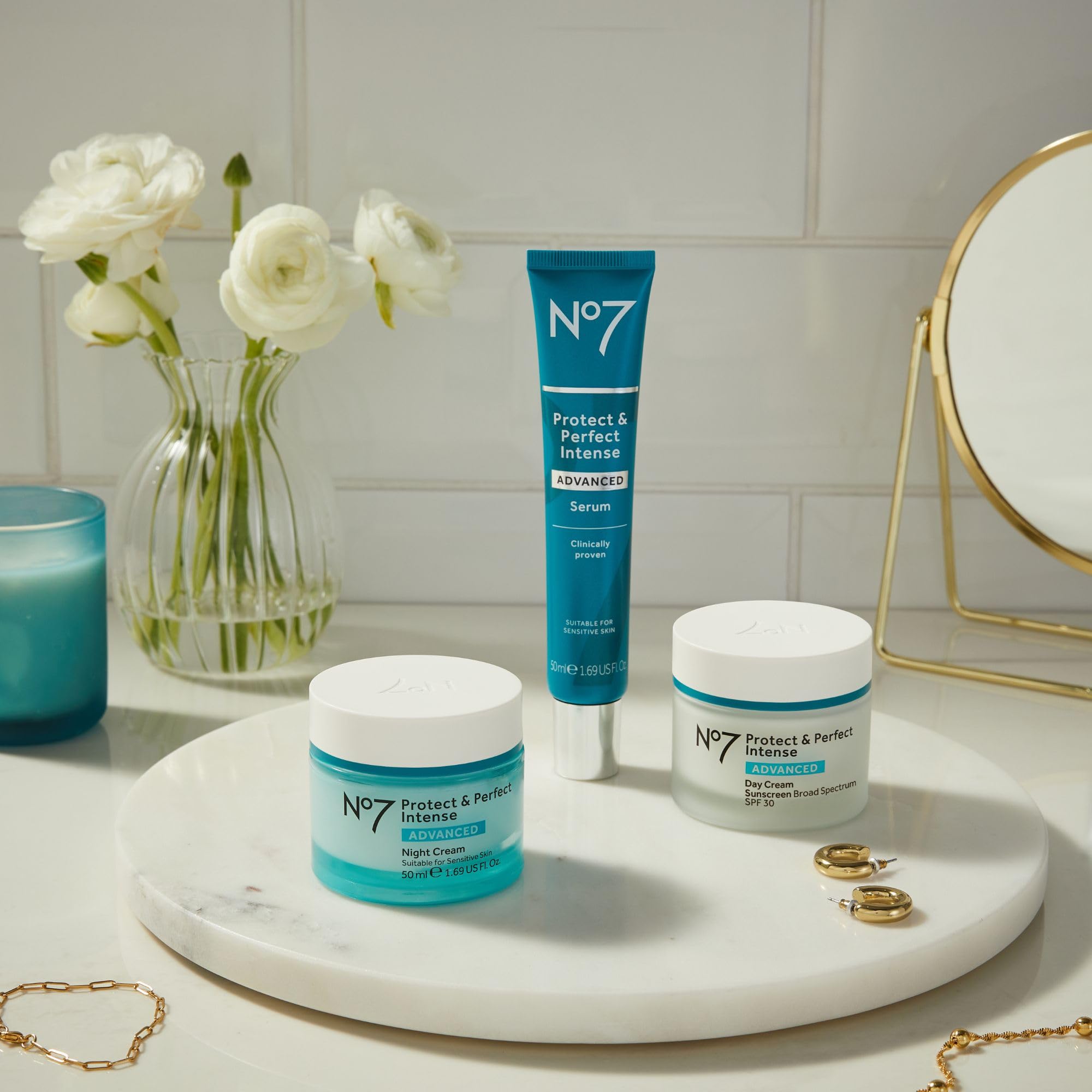 No7 night cream bottle displayed on a clean vanity.