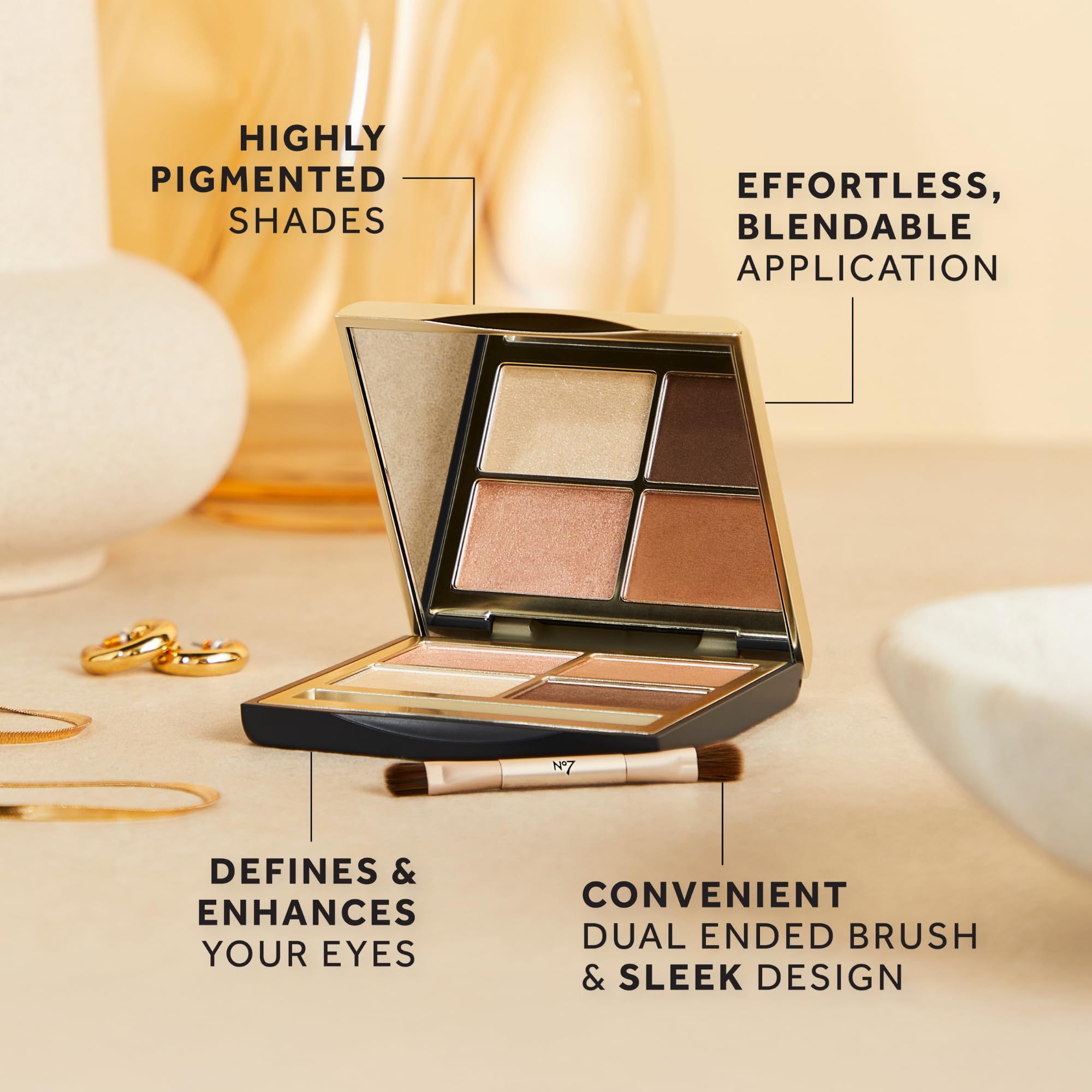 Shades from No7 Pro Artist Eyeshadow for day to night versatility.