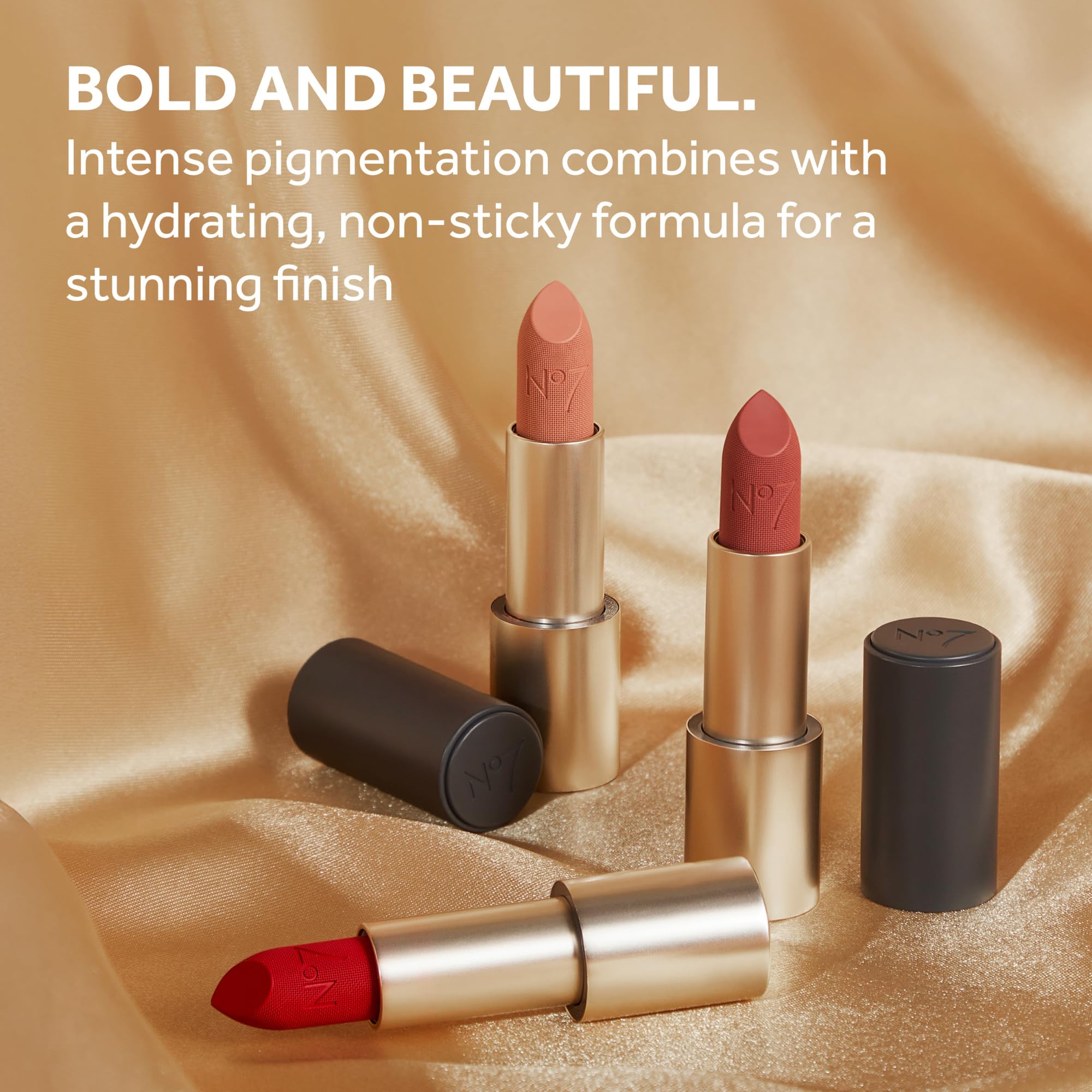 No7 Pro Artist Muse Matte Lipstick applied on lips with smooth glide and non-sticky finish.